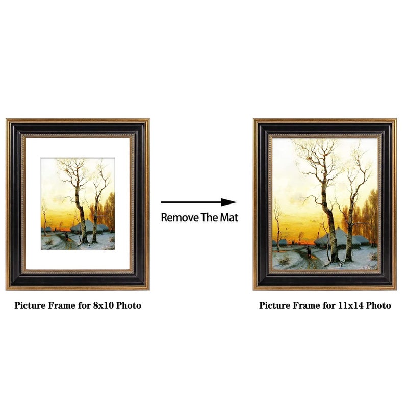 Space Art Deco, 11x14 Picture Frame with Mat for 8x10 Photo or Display 11x14 Prints Without Mat, Shatter Resistant Glass Wall Mounting (Color Ornate Gold/Black) - Image 5